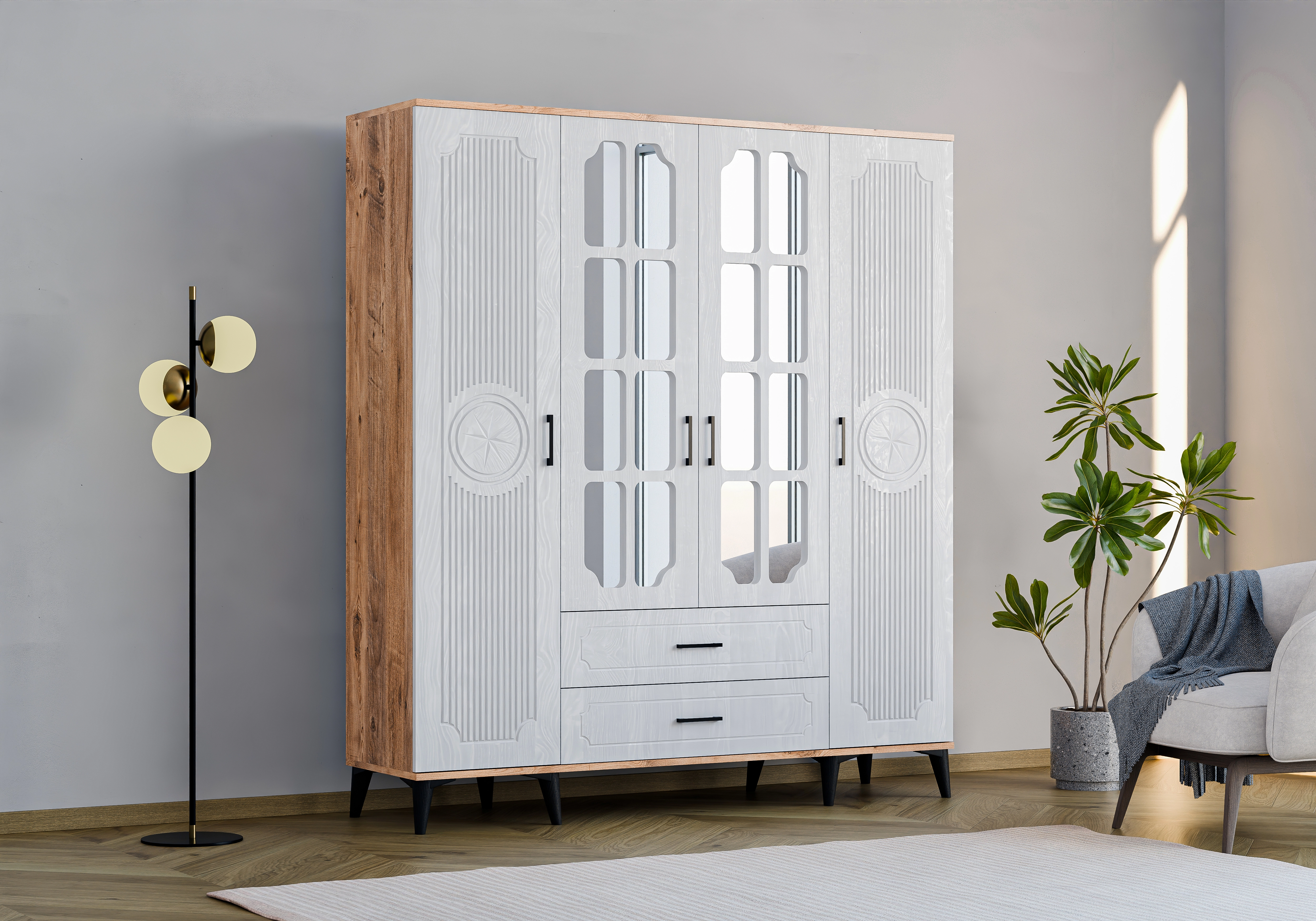 UZAY CUNTRY 4 KAPILI 2 ÇEKMECELİ DOLAP ATLANTİK ÇAM