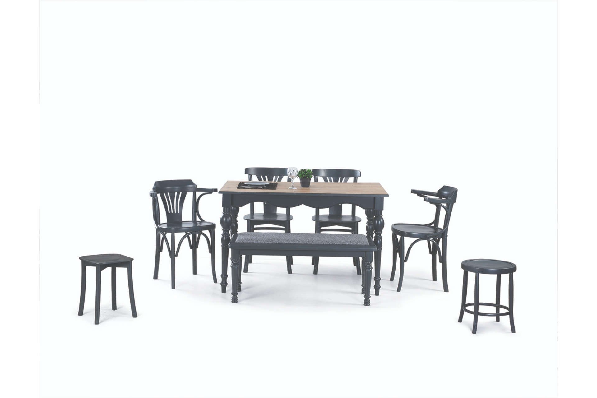 TOLEDO MASA, DEKOPAJLI SANDALYE, TABURE VE BANK TAKIMI, GRİ ANTRASİT, 125x80