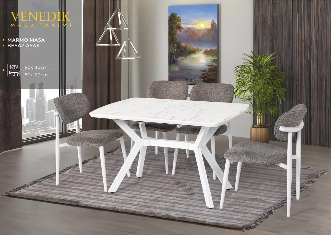 VENEDİK MASA, UMAY METAL SANDALYE, MARMO, BEYAZ