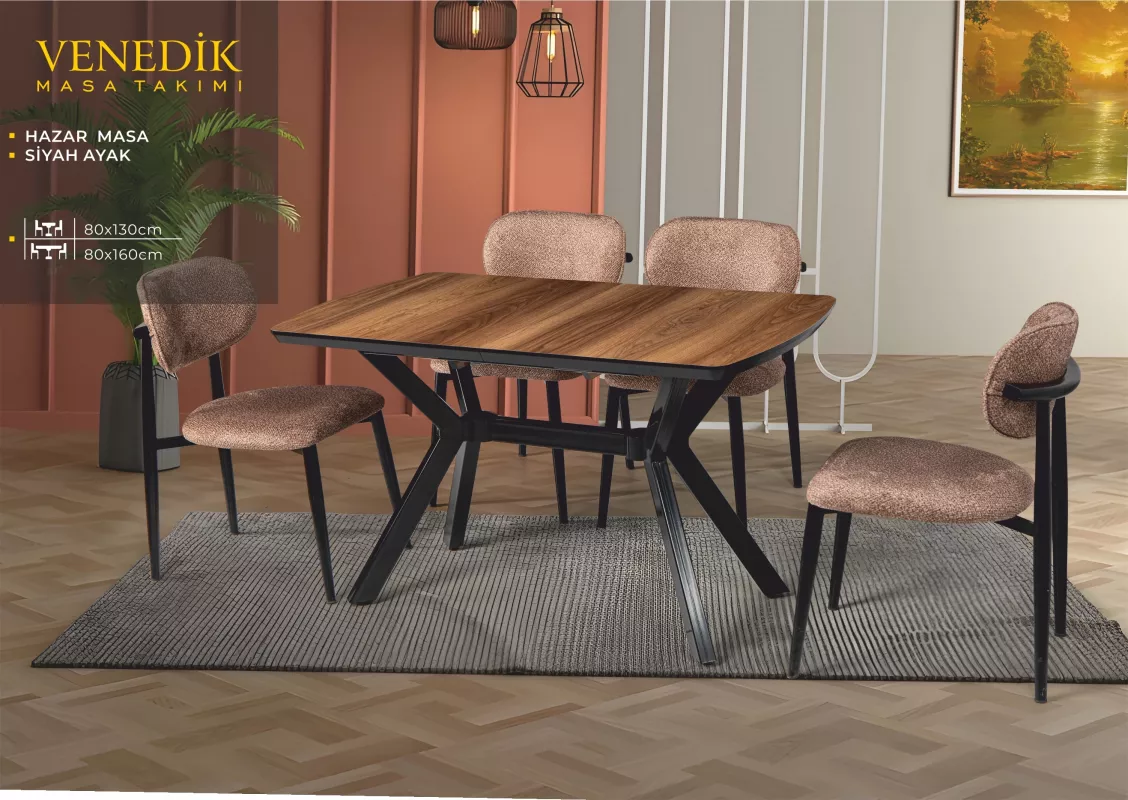 VENEDİK MASA, UMAY METAL SANDALYE, HAZAR, SİYAH