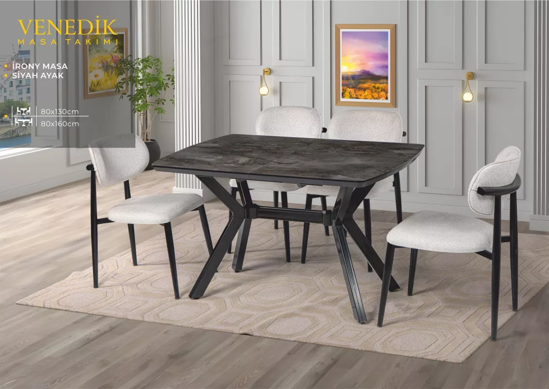 VENEDİK MASA, UMAY METAL SANDALYE, İRONY, SİYAH