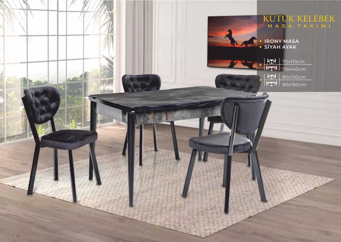 KÜTÜK KELEBEK MASA, RİVONE SANDALYE, İRONY, SİYAH