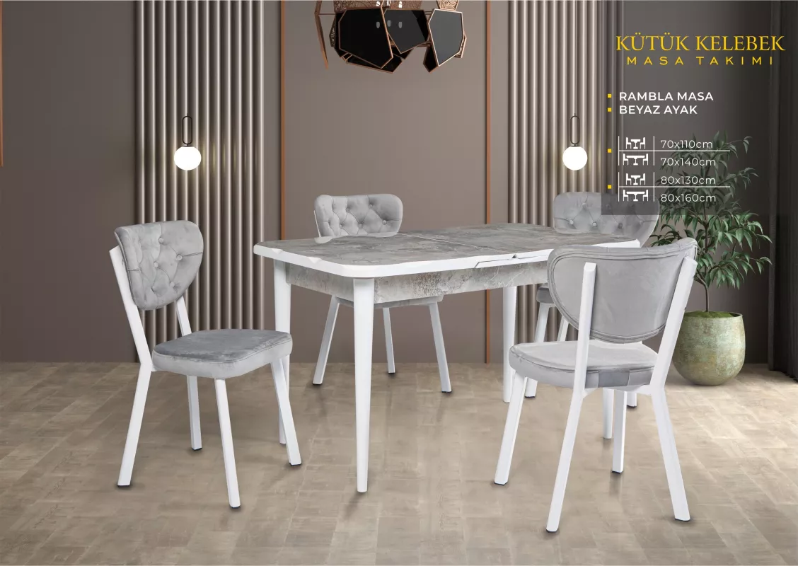 KÜTÜK KELEBEK MASA, RİVONE SANDALYE, RAMBLA, BEYAZ