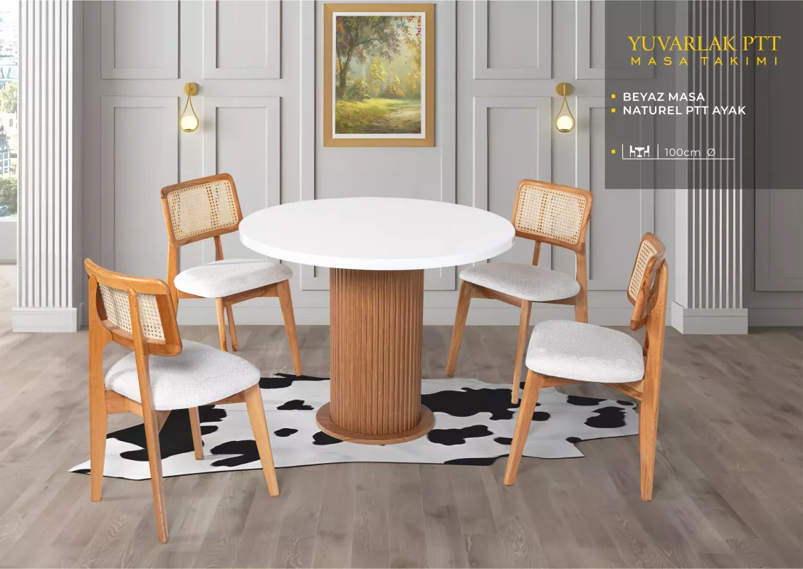 YUVARLAK PTT MASA, ZİON SANDALYE, BEYAZ, NATURAL