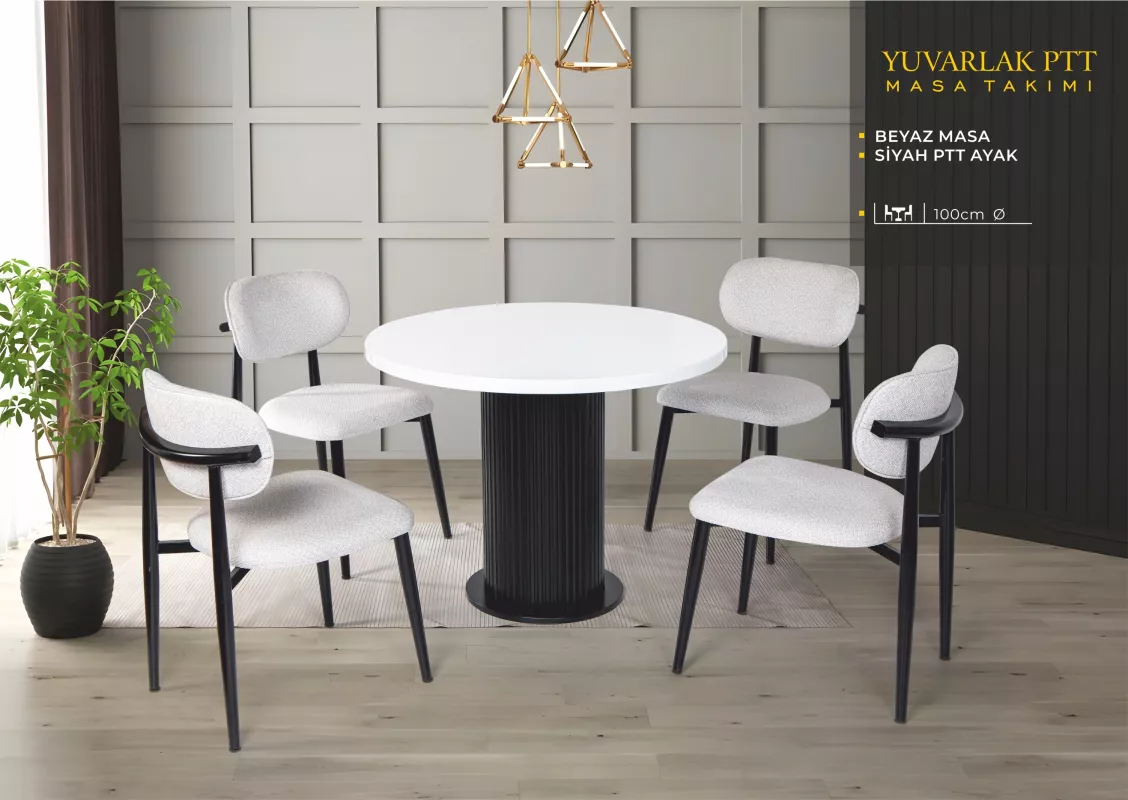 YUVARLAK PTT MASA, UMAY METAL SANDALYE, BEYAZ, SİYAH