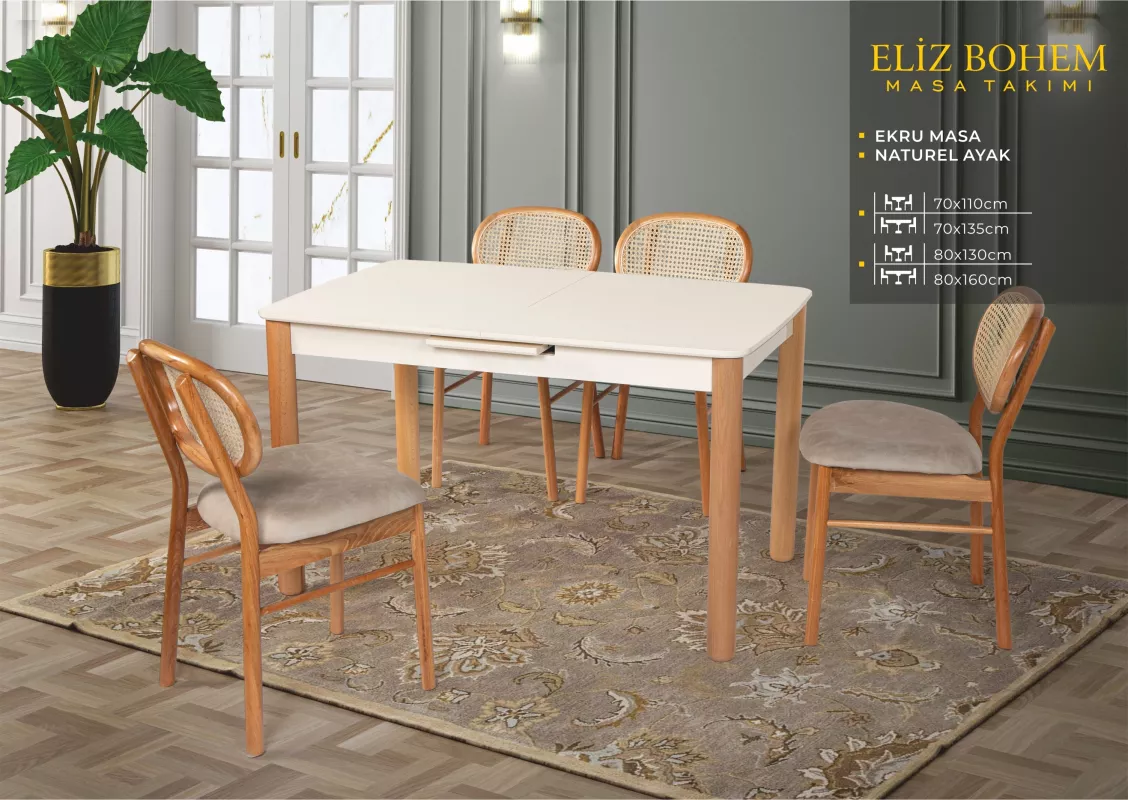 ELİZ BOHEM MASA, BADEM SANDALYE, EKRU, NATURAL