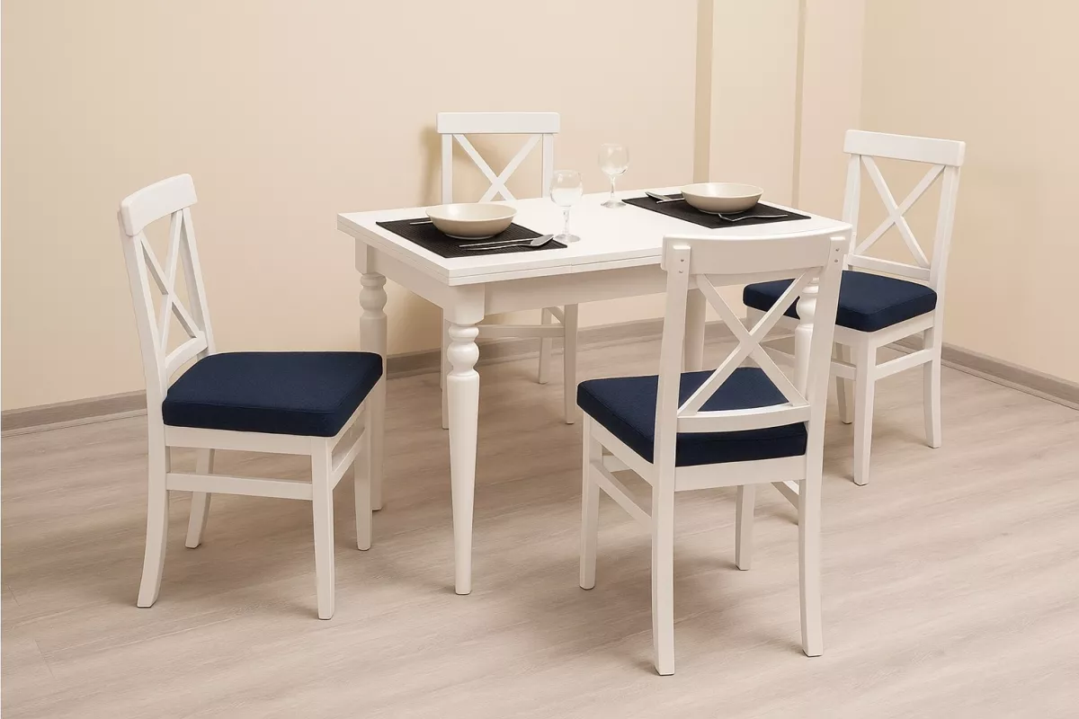 SANDOR MASA, ÇAPRAZ DÖŞEMELİ SANDALYE, BEYAZ LACİVERT, 110x70