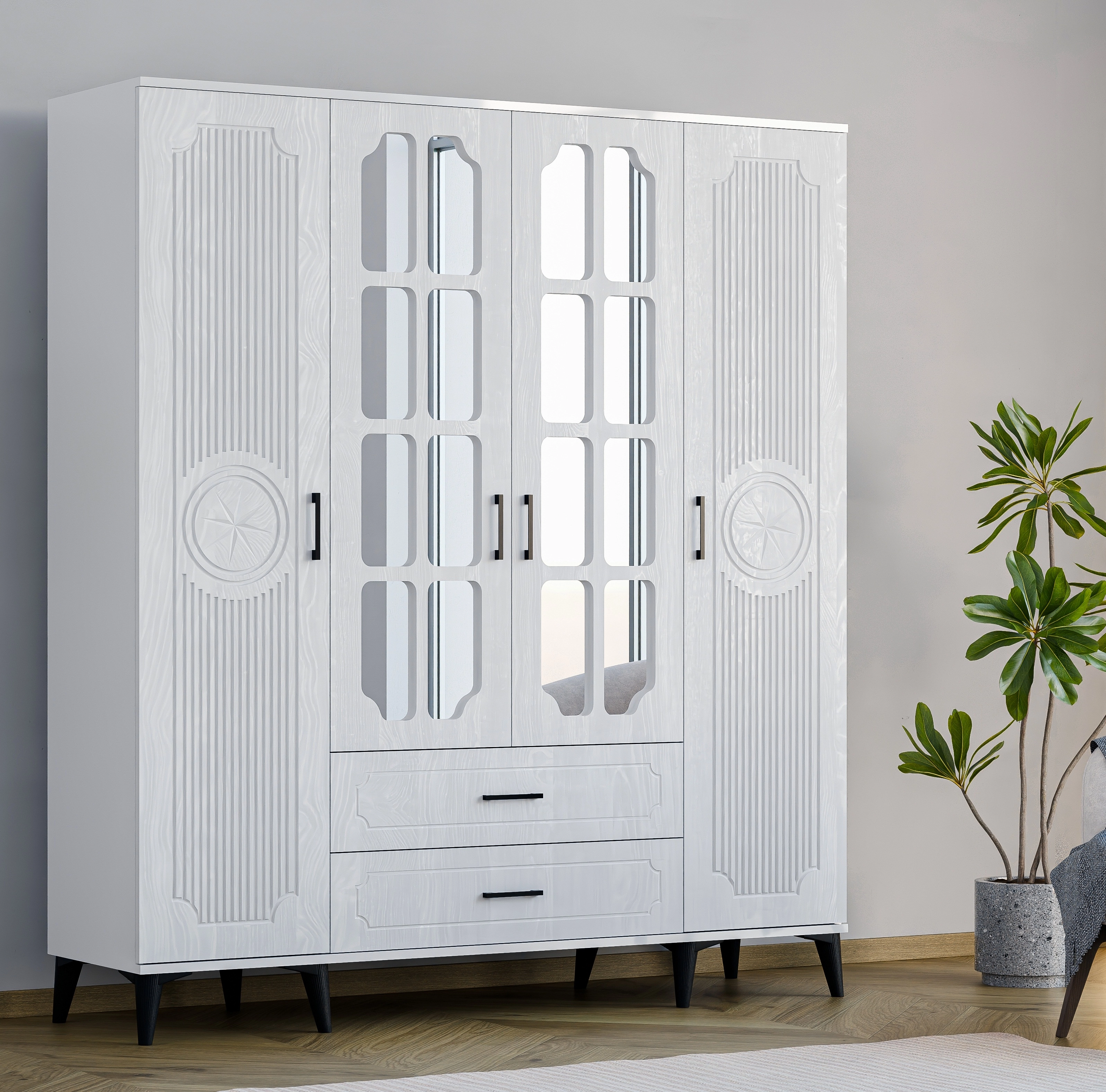 UZAY CUNTRY 4 KAPILI 2 ÇEKMECELİ DOLAP BEYAZ