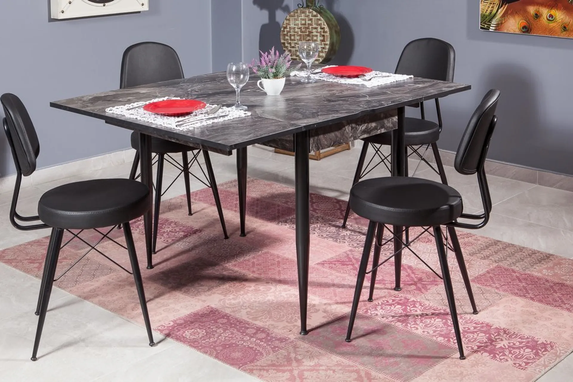 KARTAL DİKDÖRTGEN MASA, EYFEL SANDALYE, SİYAH 100x65