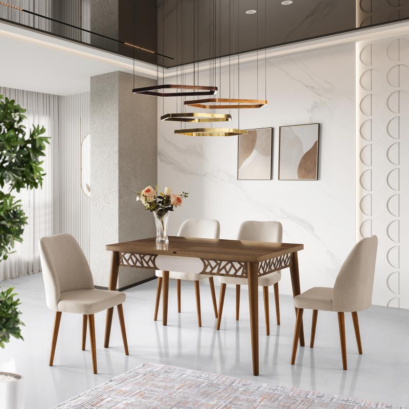 ARMİN MASA, MERİDA SANDALYE, HALİÇ CEVİZ, BEYAZ 130x80