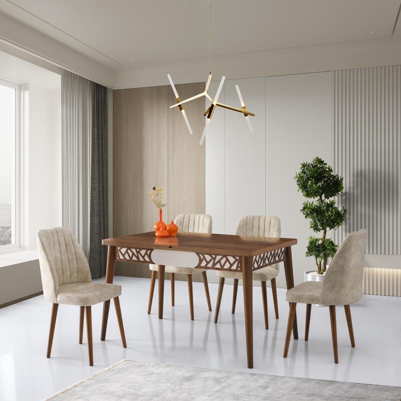 ARMİN MASA, EKOL SANDALYE, HALİÇ CEVİZ, BEYAZ, 130x80