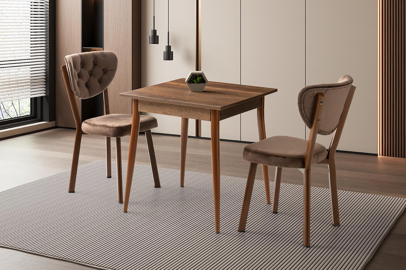 MENDEL MASA VE RİVONE SANDALYE TAKIMI, BAROK CEVİZ, 70X70