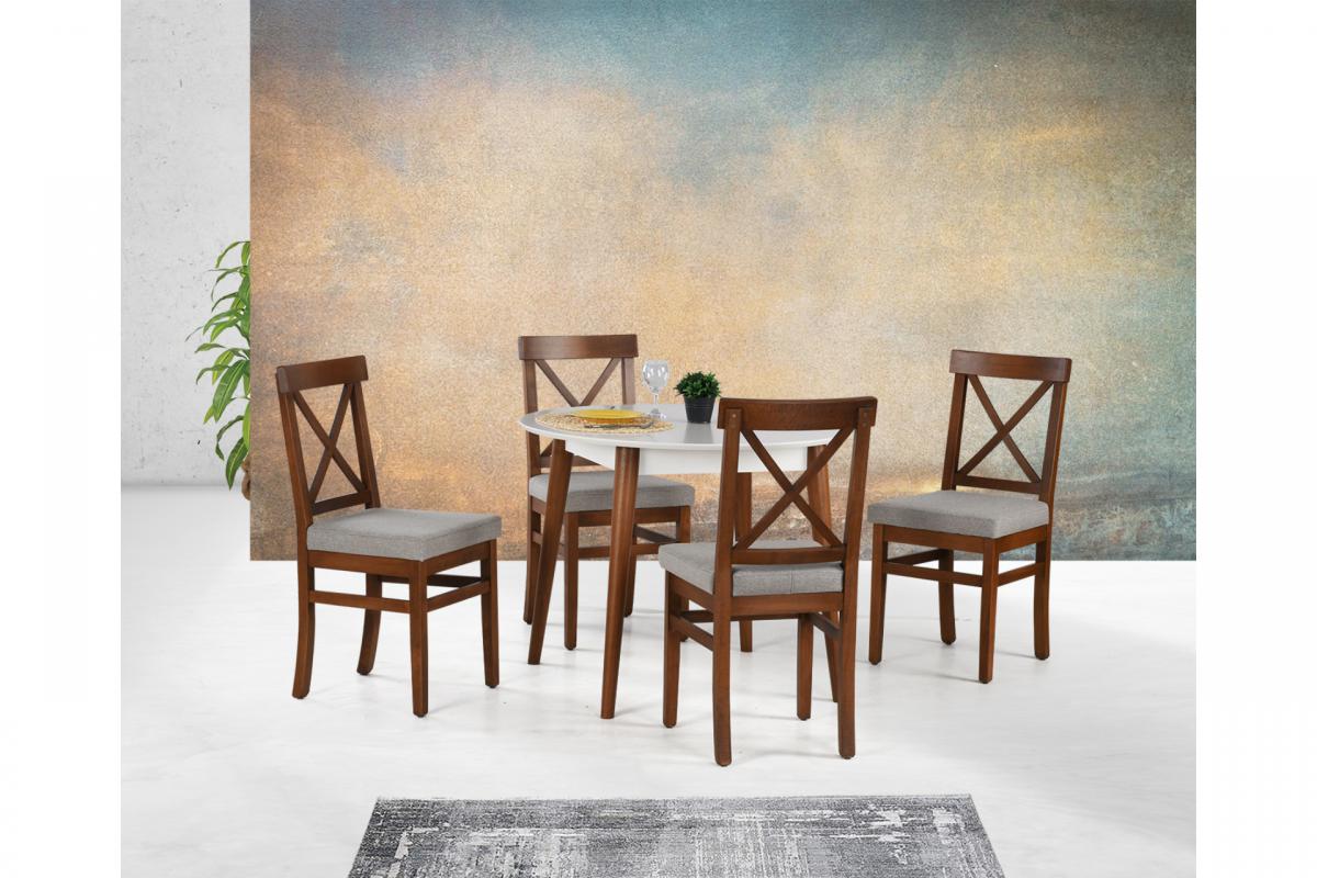 SİENA SABİT MASA, ÇAPRAZ DÖŞEMELİ SANDALYE, BEYAZ CEVİZ, 90x90