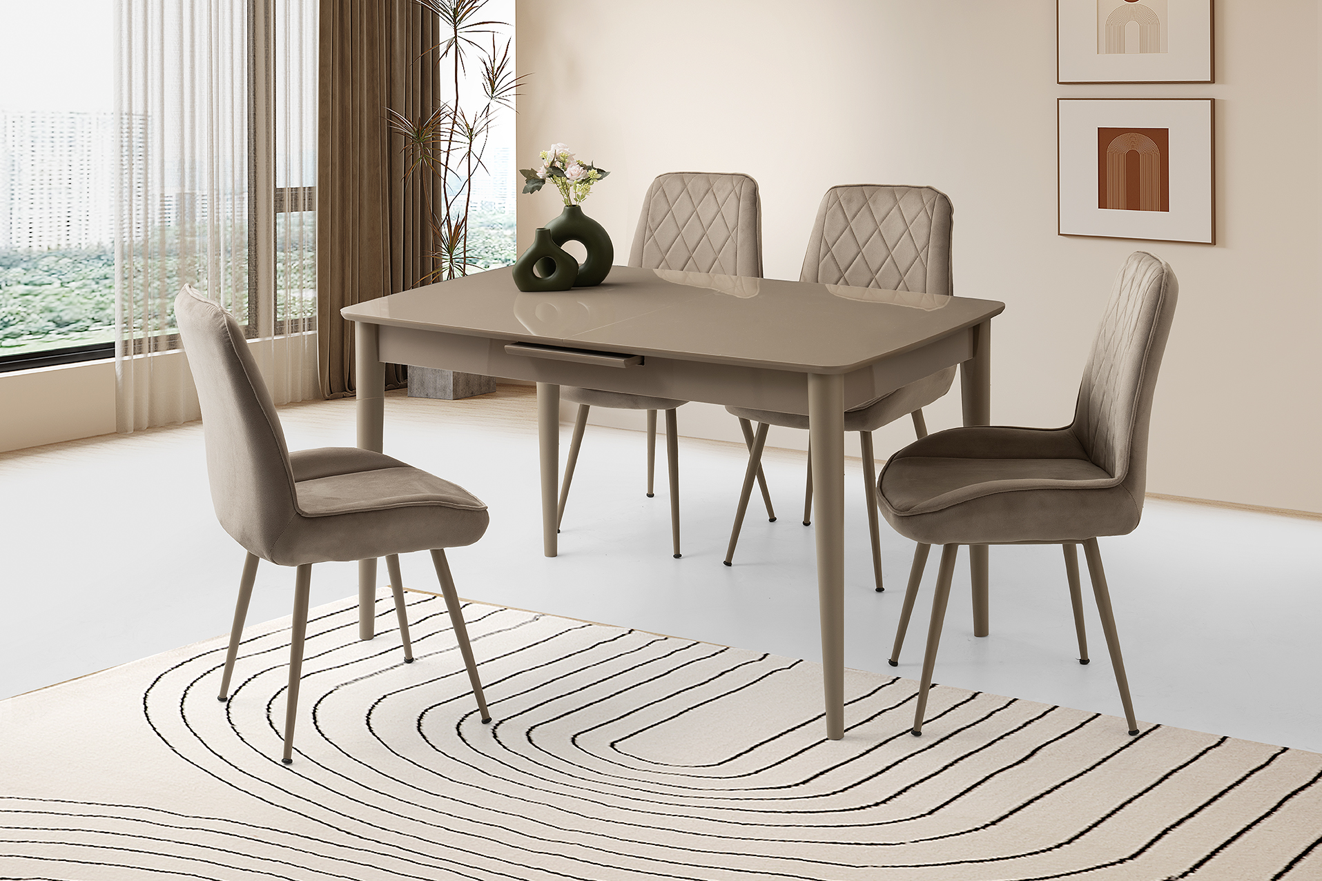 MADRİD HG MASA, ALORA SANDALYE, CAPPİCİNO, 130x80