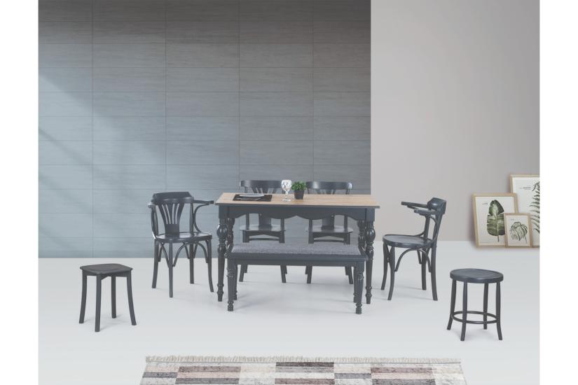 TOLEDO MASA + DEKOPAJLI SANDALYE, TABURE VE BANK TAKIMI, GRİ ANTRASİT, 125x80