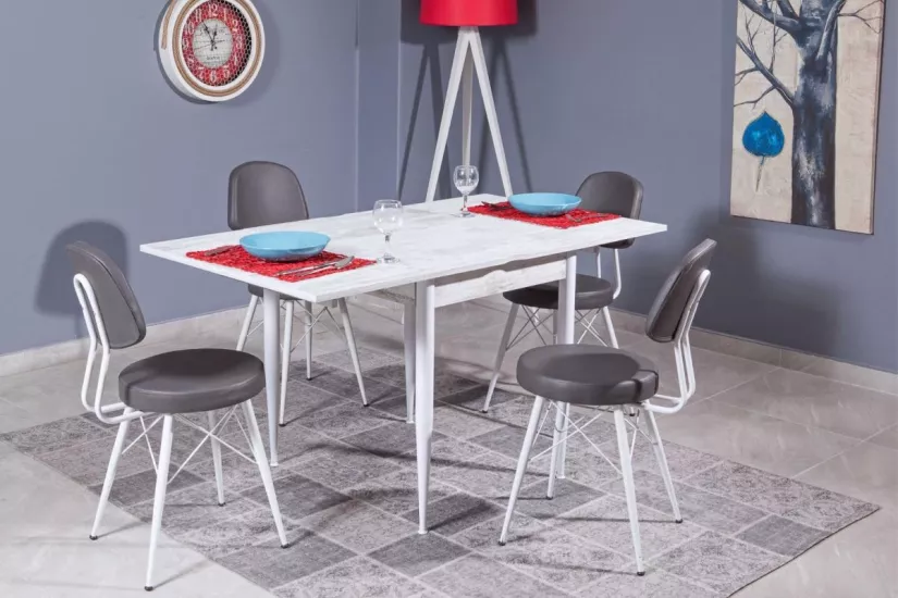 KARE KARTAL MASA, EYFEL SANDALYE, BEYAZ, 70X80