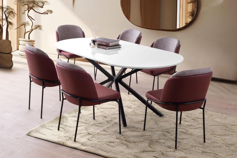 LİRONA MASA, AURA SANDALYE, BEYAZ, 180X90