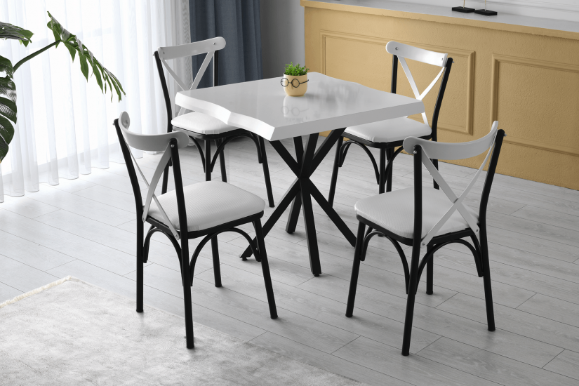 KEOPS MASA VE BAHAR ÇAPRAZ SANDALYE TAKIMI,BEYAZ,SİYAH 90x90