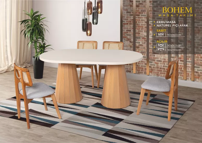BOHEM MASA, ZİON SANDALYE, EKRU, NATURAL, FIÇI AYAK