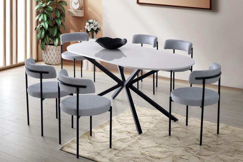 LİRONA MASA, ROLLS METAL SANDALYE, BEYAZ, 180X90