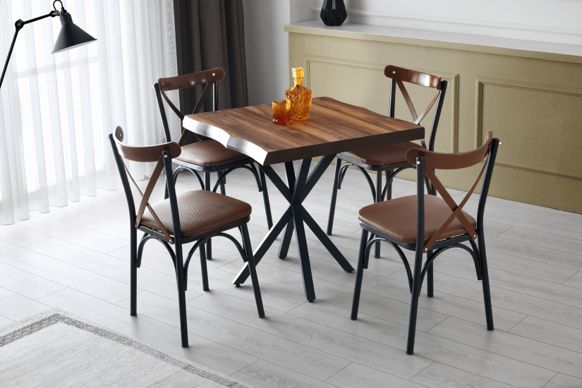 KEOPS MASA VE BAHAR ÇAPRAZ SANDALYE TAKIMI,CEVİZ,SİYAH 90x90