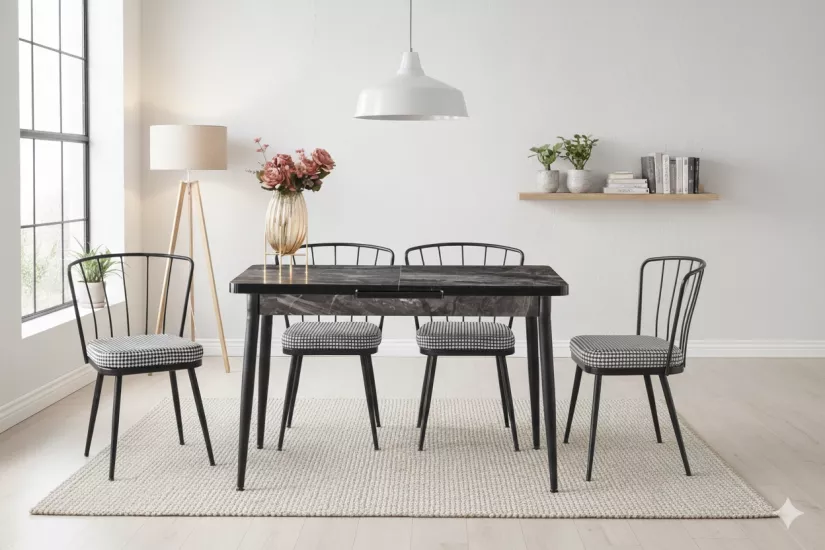 AY MASA VE SANDALYE TAKIMI, COSMOS SİYAH, 120x70