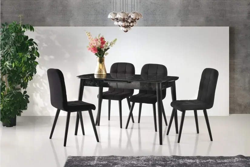 ESSEN MASA VE ETRO SANDALYE TAKIMI, SİYAH MERMER DESEN, 130x80