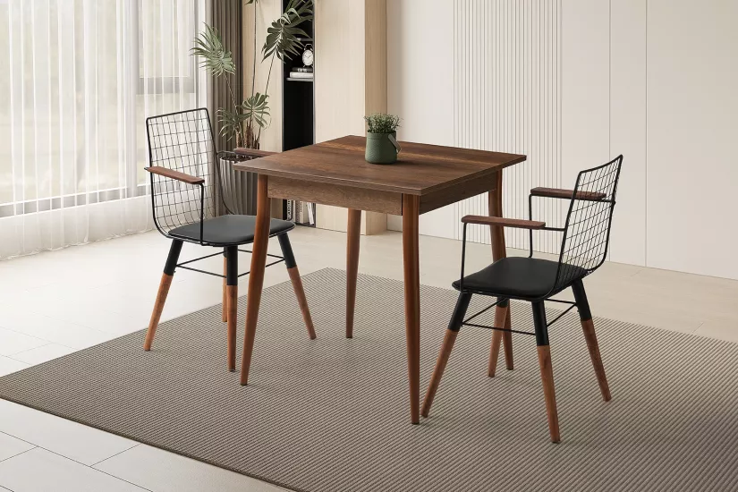 MENDEL MASA, AHŞAP KOLLU TEL SANDALYE, CEVİZ, 70x70