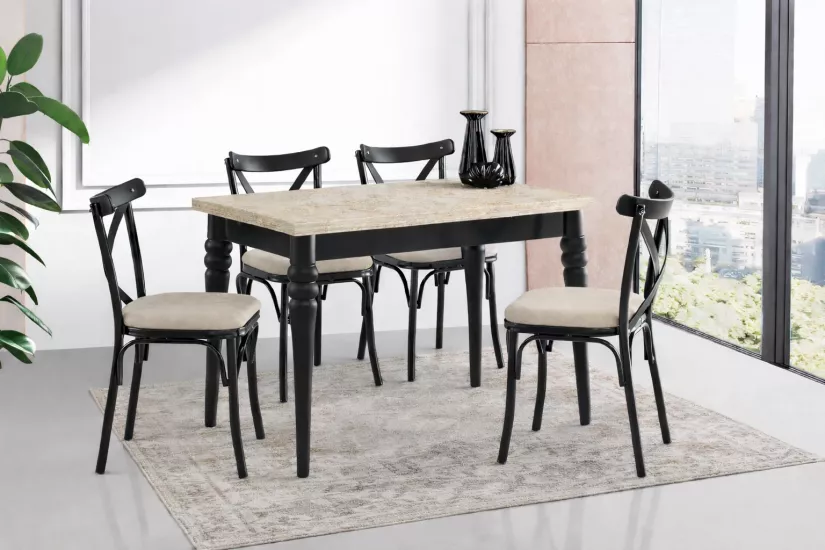 SALİVA MASA, BAHAR ÇAPRAZ SANDALYE, TRAVERTEN, SİYAH, 110x70